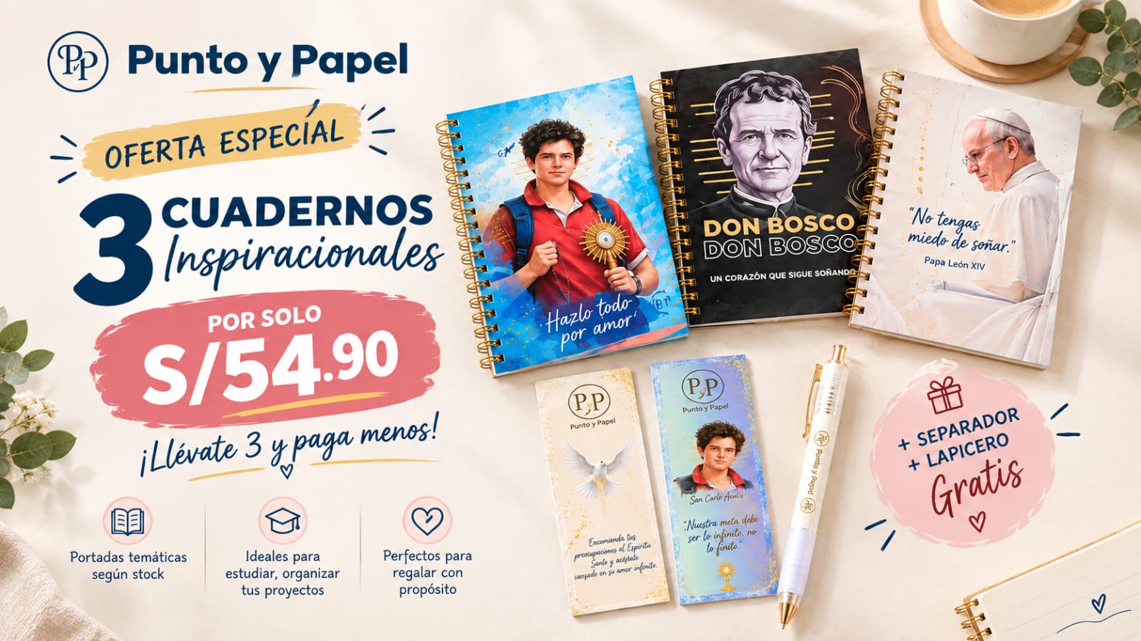 Cuadernos inspiracionales Punto y Papel con separadores y lapiceros de regalo